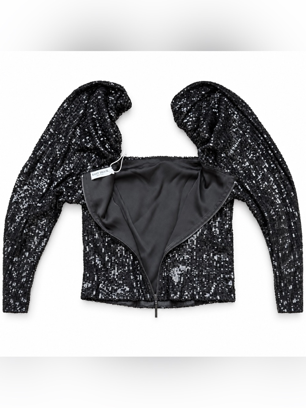 Ramy Brook Hazel Black Sequin Square Neck Puff Sleeve Designer Luxury Top NWT, S - Picture 13 of 16